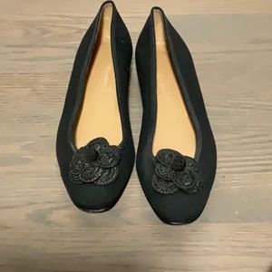 Chanel women’s camellia black canvas ballet flats flower
